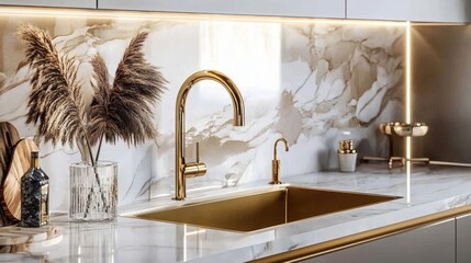 Exquisite luxury kitchen featuring a gold faucet.