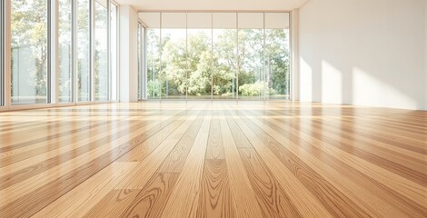 Spacious empty interior with polished wood floor, minimalist design style, open to lush green background through glass walls, concept of architecture. Ai generative