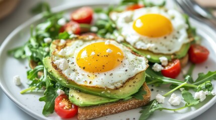 Delicious avocado toast topped with eggs and cherry tomatoes served on a plate