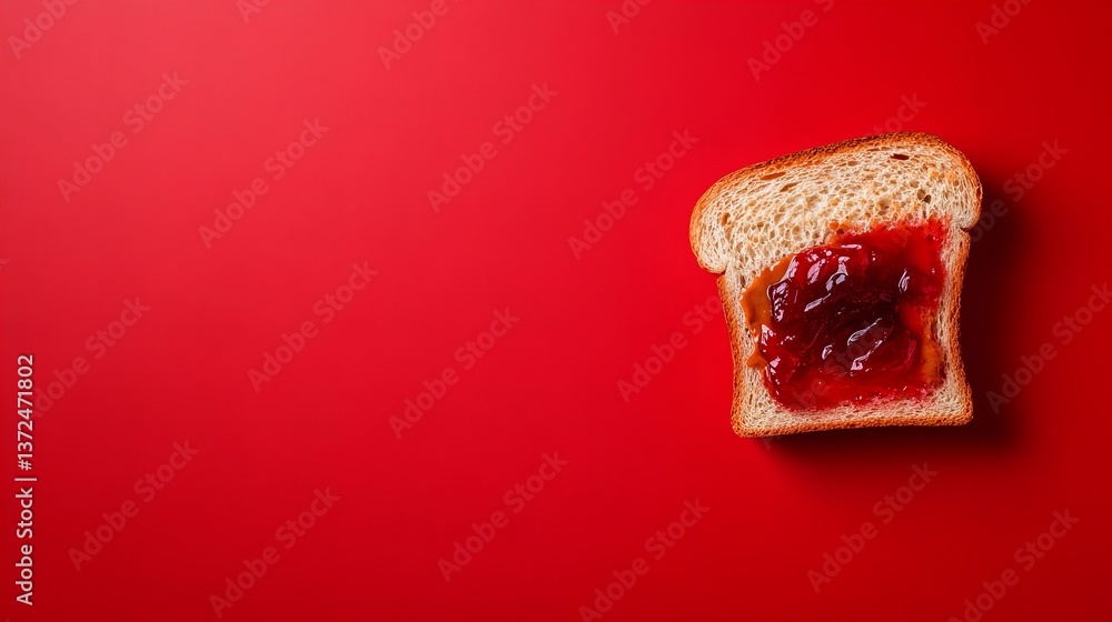 Poster slice of bread with peanut butter and jelly has a bite taken out of it on a red background.