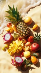 Fresh tropical fruits arranged beautifully on sandy beach near ocean waves during sunny day
