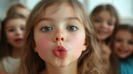 Adorable little girl puckering lips for kiss in crowd of children. Sweet child makes funny face, acting silly