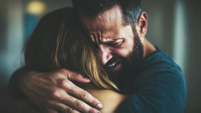 Close-up shot of man hugging woman with sadness. Showing support for her during hard times. Emotional support