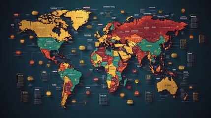 A colorful digitally rendered world map with data visualizations presented