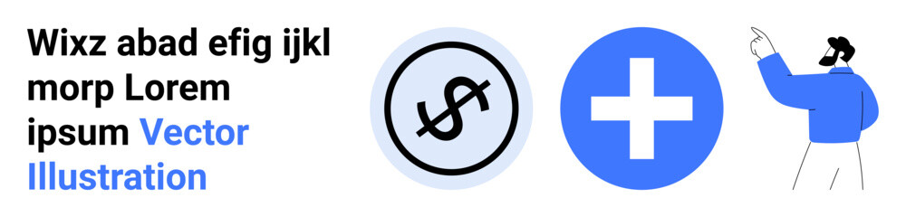 Fototapeta premium Person gesturing toward a dollar sign and a plus symbol. Ideal for finance, growth, healthcare, user interface, business, teamwork, and simple landing page