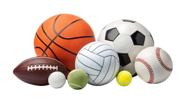 A collection of various sport balls including basketball soccer baseball and tennis on black background