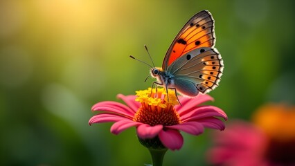 Close-up of a Colorful Butterfly Resting on a Vibrant Pink Flower in a Sunlit Garden. 
