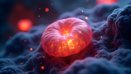 Glowing Red Blood Cell on Surface, Microscopic View, Medical Illustration
