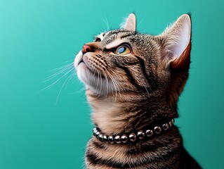 A domestic feline with a silver beaded collar gazes upwards