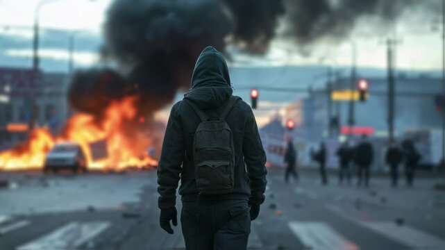 Man in hood looks to burning city after riot or war. Apocalypse, dystopian concept. Urban disaster aftermath scene