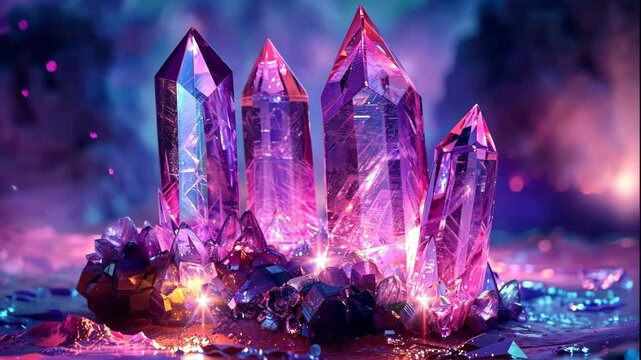 Healing crystals on a abstract glowing surface. Amethyst, obsidian, rose quartz on a dark background. New age. 4K video. 