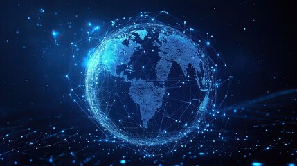 Abstract globe with blue dotted continents and orbit-like circular lines, digital connectivity concept. -