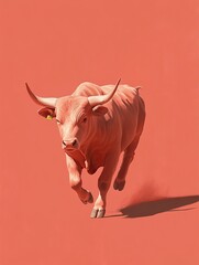 A powerful reddish bull charging forward, strength and energy captured in a minimalist style.