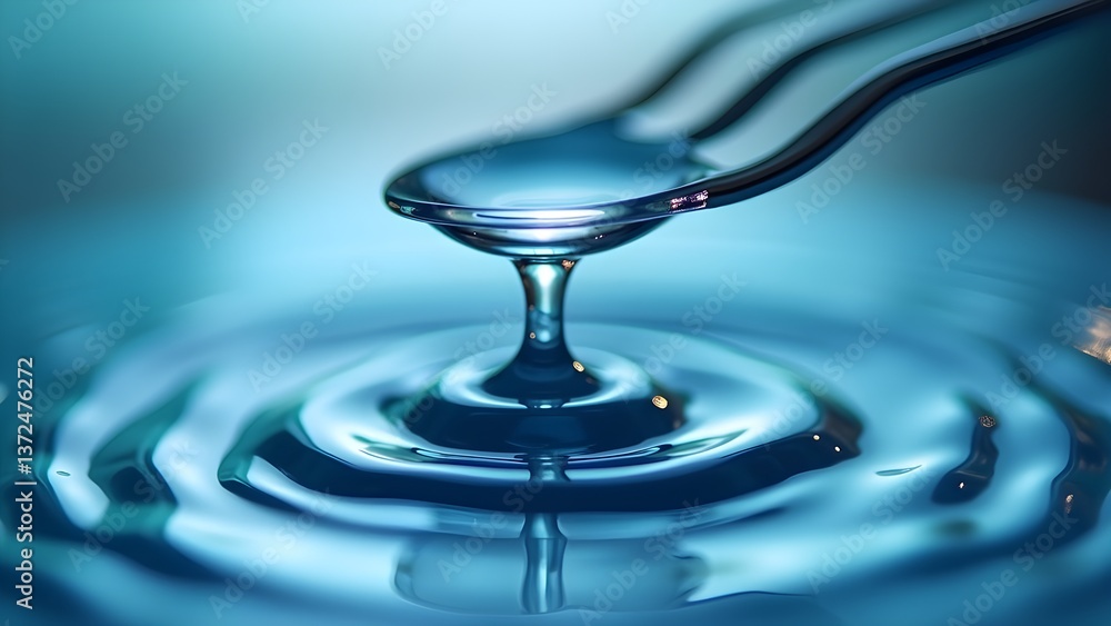 Poster water drop suspended from a spoon creating ripples on the water surface; captivating display