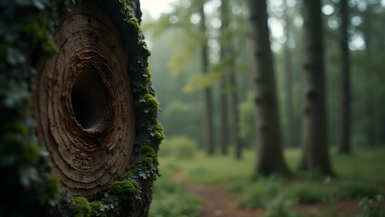 Hollow Tree in Misty Forest: Close-up of mossy tree trunk with deep hole, leading to path in tranquil woods