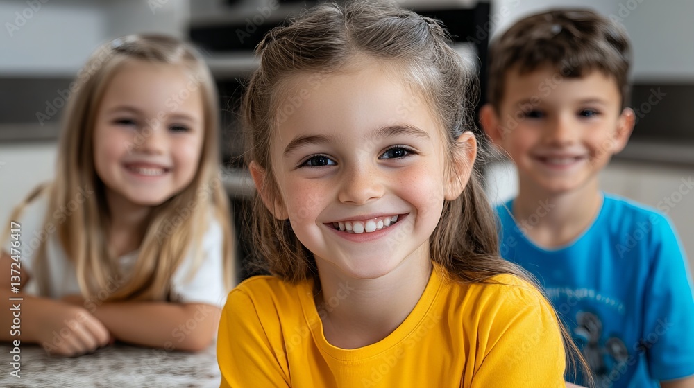 Poster smiling children are posing for the camera indoors while wearing colorful shirts and displaying happ