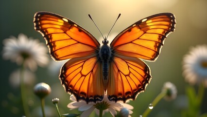 Fototapeta premium Macro View of Monarch Butterfly on Daisy with Detailed Wing Pattern, Antennae and Flower Petals.