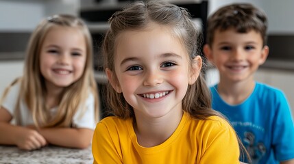 Smiling children are posing for the camera indoors while wearing colorful shirts and displaying happiness!