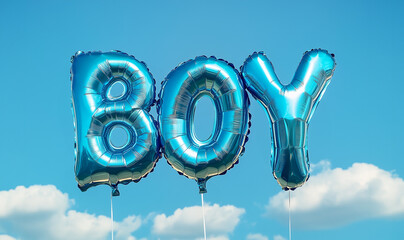 BOY gender reveal metallic foil balloon on blue sky with clouds and sun