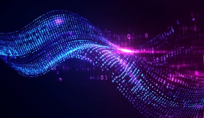 Abstract digital wave, data stream.  Dynamic, glowing particles form a swirling wave, infused with binary code.  A vibrant display of digital information flowing through space