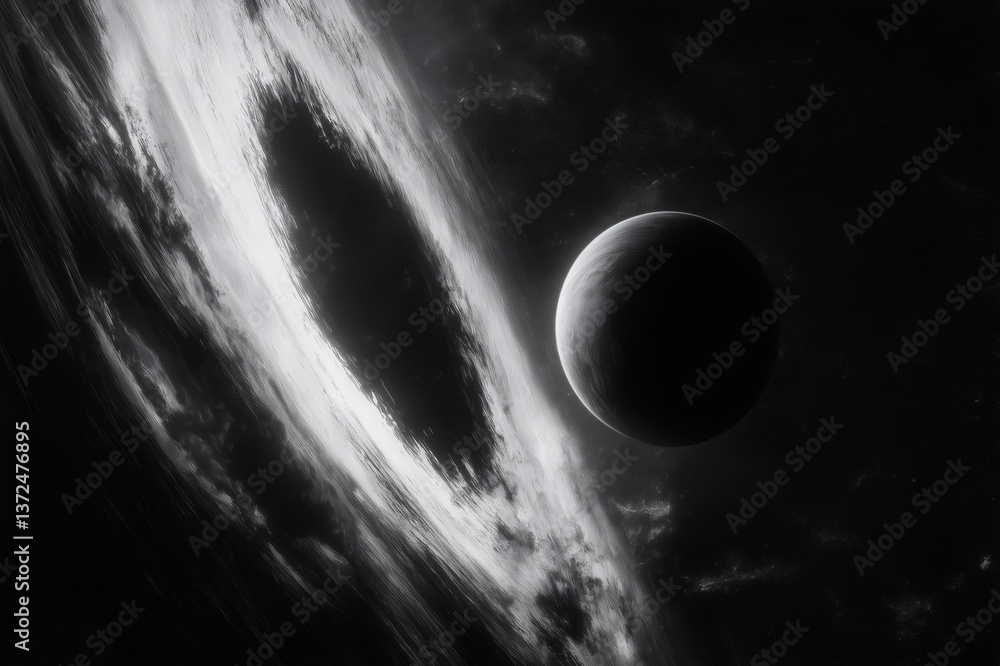 Poster planet is dissolving approaching a black hole showing spaghettification effect in a grayscale cosmic