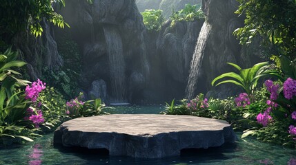 Obraz premium Luxury product display with natural rock podium set in lush tropical forest, surrounded by exotic flowers vibrant greenery. Elegant 3D rendering for beauty, skincare, and nature-inspired branding