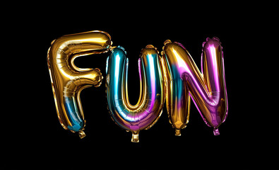 metallic foil balloons FUN party word, on black background with blank copy text space