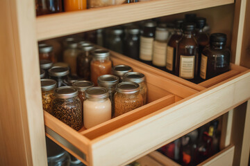 Various grains and flours are stored in glass jars with metal lids inside a wooden pull out pantry drawer, promoting organized food storage