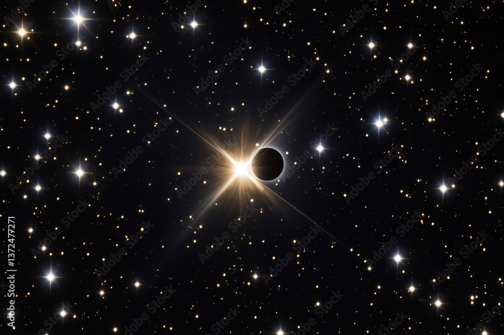 Poster rare cosmic event of a planet eclipsing a star, creating a beautiful spectacle in the vastness of sp
