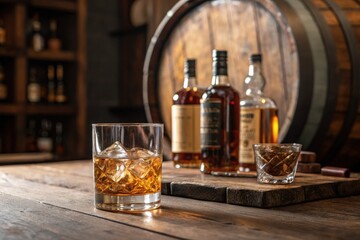 Whiskey Glass and Bottles Beside a Wooden Barrel in Cozy Setting Generative AI