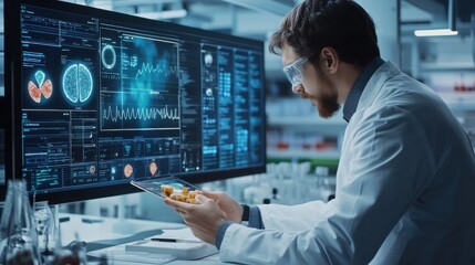A biotechnologist creating AI driven systems for personalized nutrition, high-tech nutrition lab with real-time individual data analysis, High-tech style