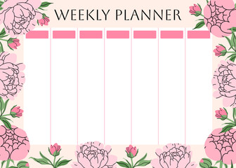 Weekly planner with floral pattern. with Delicate pink peonies and leaves on pink background for notes. Cute school planner is for 7 days. Kids schedule design template. Vector flat illustration.