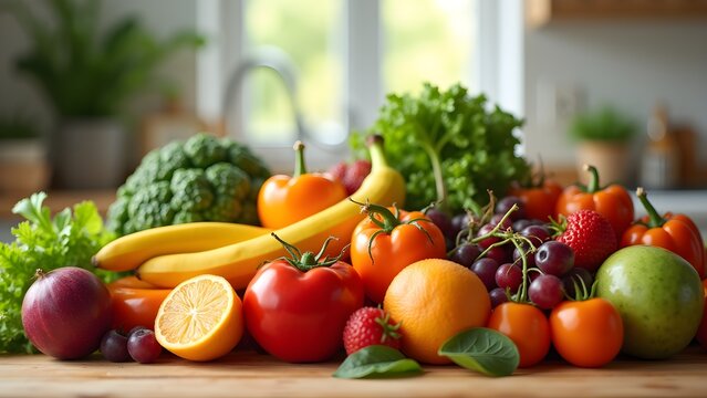 Vibrant Display of Fresh Fruits and Vegetables: A Celebration of Healthy Eating on Wooden Surface