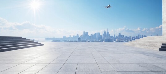 Empty square floor with modern architecture and city skyline background