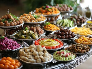  Silver trays of Arabic food with kofta, machboos, grape leaves, hummus, mint tea, pickled vegetables and nuts, served in elegant traditional setting.