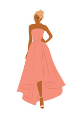 Fototapeta premium Beautiful Woman in peach fashion dress for evening or cocktail party, event. Pretty blond girl wearing stylish luxury clothes. Vector illustration isolated