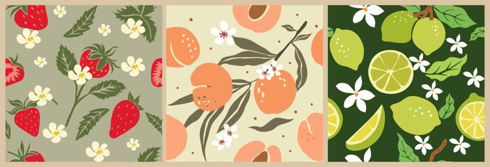 Set of Botanical seamless patterns with fruits. Backdrop with lime, peach, strawberry fruits. Colorful vector illustration for textile print, digital, wrapping paper, wallpaper, background.	