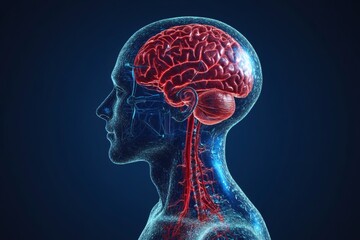 Human nervous system illustration showing detailed brain structures, spinal cord, and blue nerve connections for educational purposes