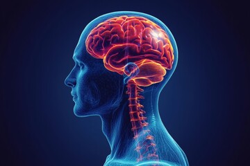 Human nervous system illustration showing detailed brain structures, spinal cord, and blue nerve connections for educational purposes