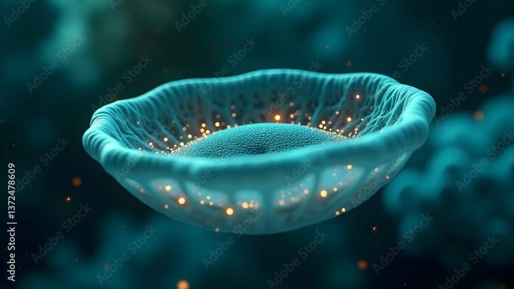 Poster abstract microscopic cell structure with glowing elements, scientific background (under 110 characte