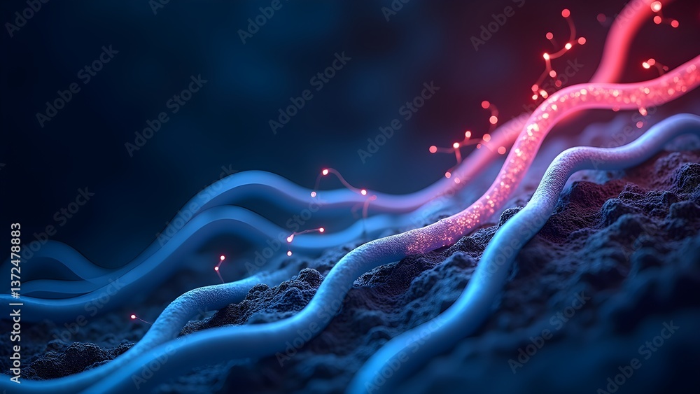 Poster neural network: interconnected nerve fibers, microscopic cell structure, abstract science illustrati