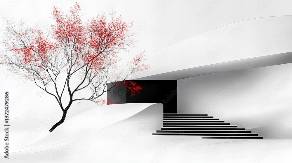 Poster sparse tree stands near a modern structure with minimalist black and white stairs leading towards a 