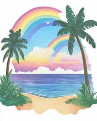 Obraz premium Tropical rainbow over sea in clipart 3D render