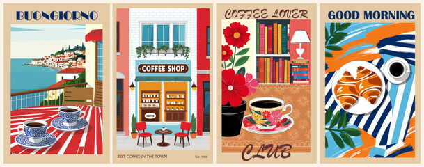 The four images are all about coffee and the different ways it can be enjoyed. The first image shows a cafe with a view of the ocean, while the second image features a cozy living room with a cat