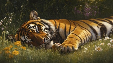 Fototapeta premium Peaceful tiger resting in a meadow with flowers