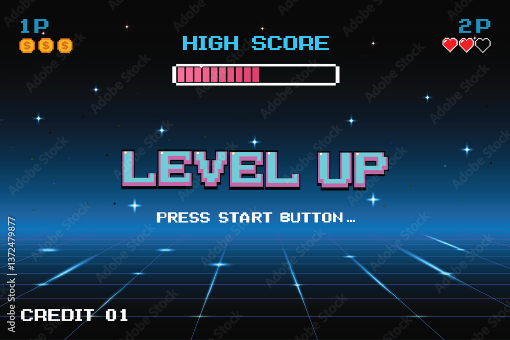 Poster level up. press start button. pixel art .8 bit game for game assets in vector illustrations. retro f