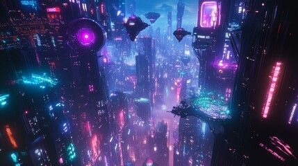Sci-Fi Megacity with Floating Platforms and Neon Lights – Sci-Fi City, Sci-Fi Futuristic, Sci-Fi Metropolis | Cyberpunk Future, Futuristic Tech, Sci-Fi Urban