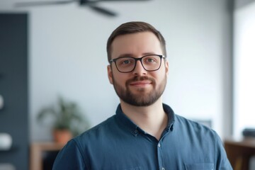 Obraz premium Confident businessman with glasses and a beard, smiling while seated in a stylish modern office, exuding professionalism and success