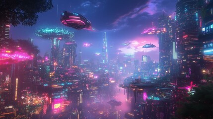 Futuristic Neon Cyberpunk Cityscape with Hovering Vehicles – Cyberpunk Cityscape, Cyberpunk Futuristic, Cyberpunk Night Skyline | Neon Sci-Fi City, Futuristic Urban, Cyberpunk Aesthetic