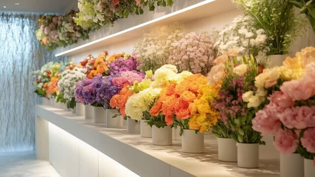 Bouquets of different flowers in a store stand in a row on a light background